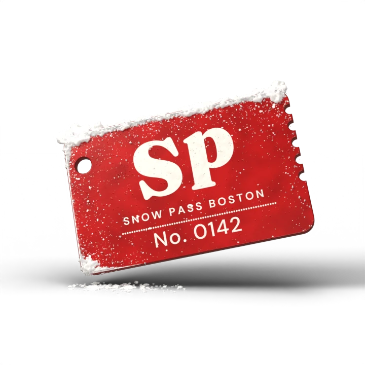 A red Snow Pass Boston ticket numbered 0142, floating in falling snow.