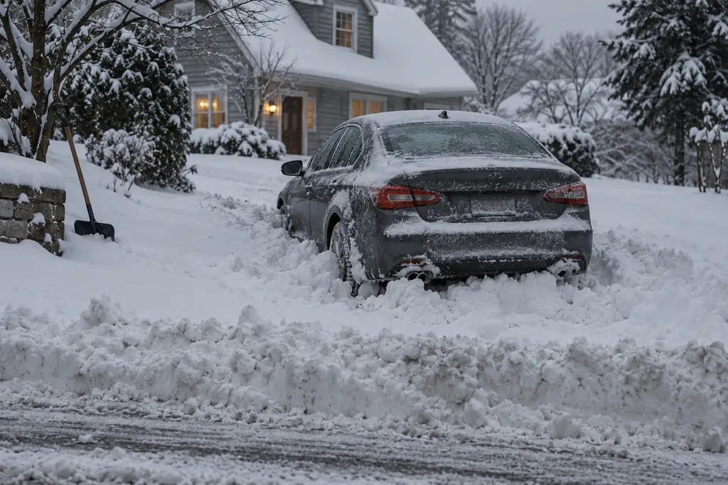 A sedan stuck in deep snow at the end of a driveway