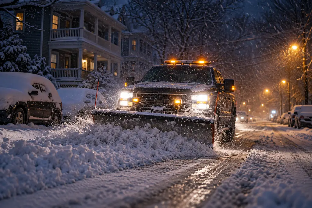 A pickup with a plow blade clearing a snowy residential street at night