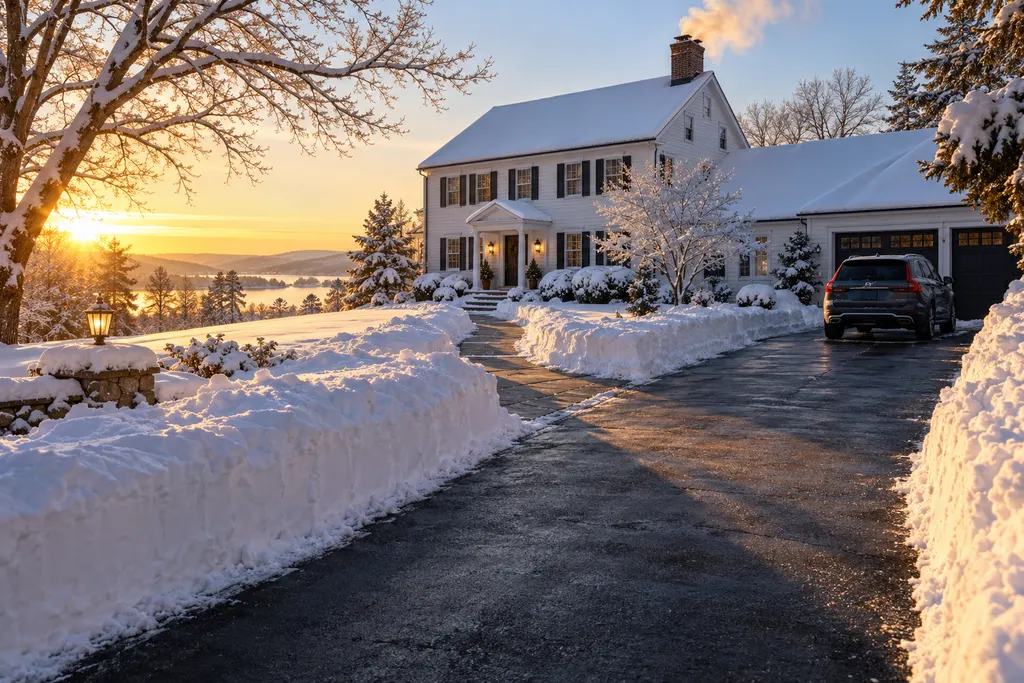 A cleared driveway with snow banks beside it at sunrise