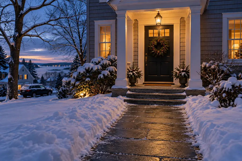 A shoveled front walk and steps leading to a front door in the early morning